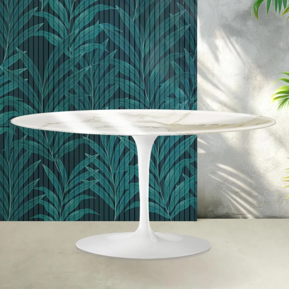 Mesa de centro Tulipán de Saarinen, 41 cm de altura, en cerámica Florim Calacatta Gold brillante - Escarlata viadurini