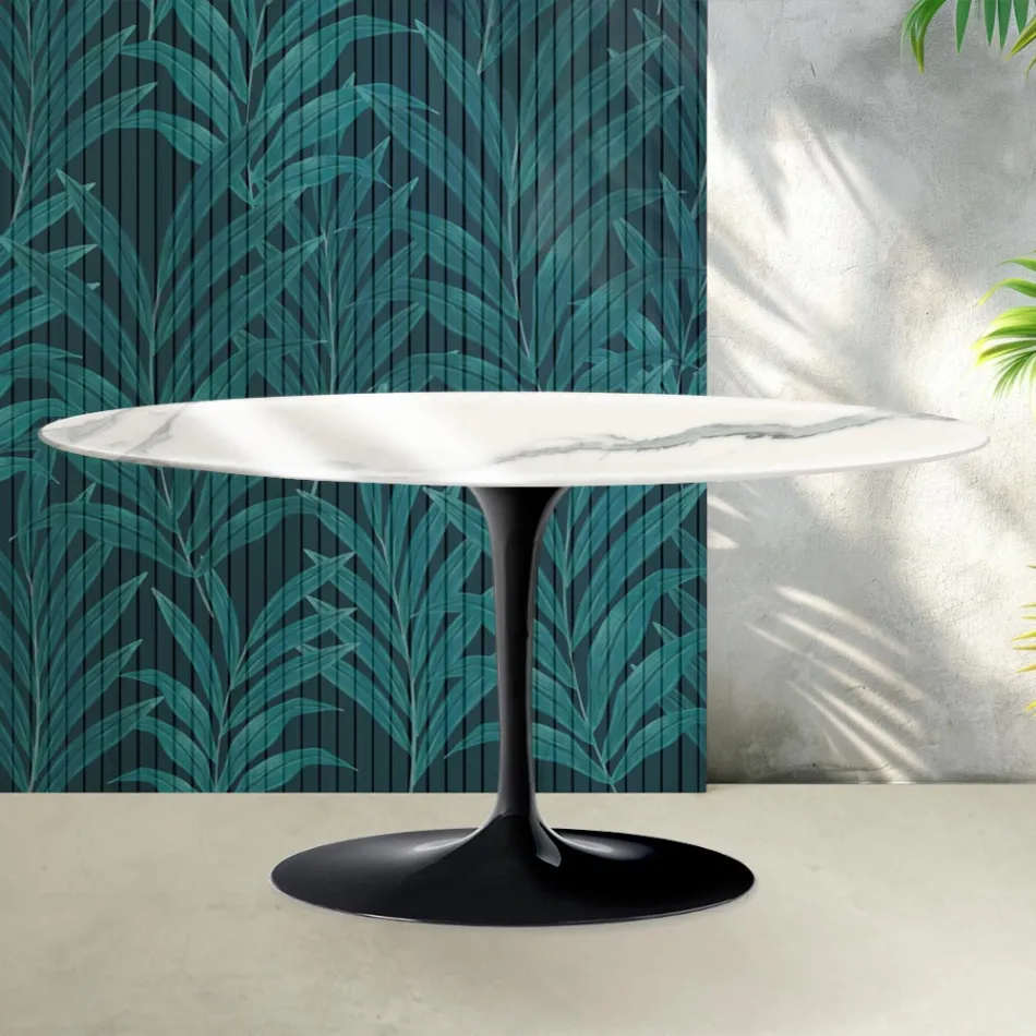 Mesa de centro Tulipán de Saarinen, 41 cm de altura, en cerámica Statuario Florim brillante - Escarlata viadurini