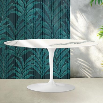 Mesa de centro Tulipán de Saarinen, 41 cm de altura, en cerámica Statuario Florim brillante - Escarlata viadurini