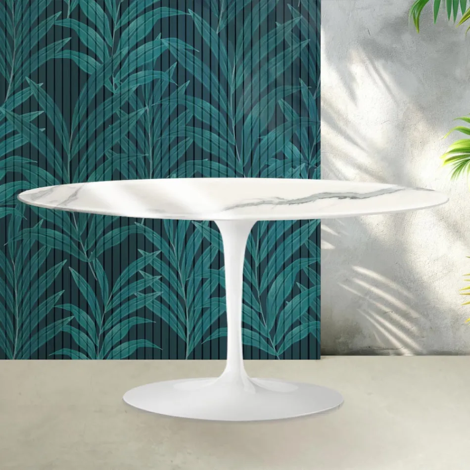 Mesa de centro Tulipán de Saarinen, 41 cm de altura, en cerámica Statuario Florim brillante - Escarlata viadurini