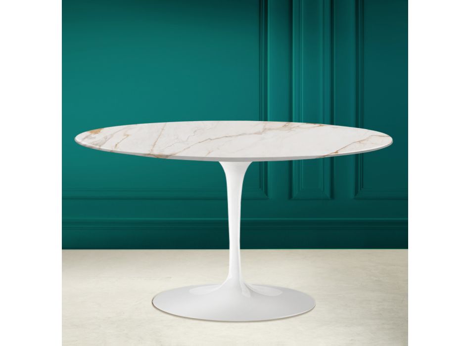 Mesa de centro ovalada Tulip Saarinen H 41 en cerámica blanca envejecida Calacatta - Escarlata viadurini