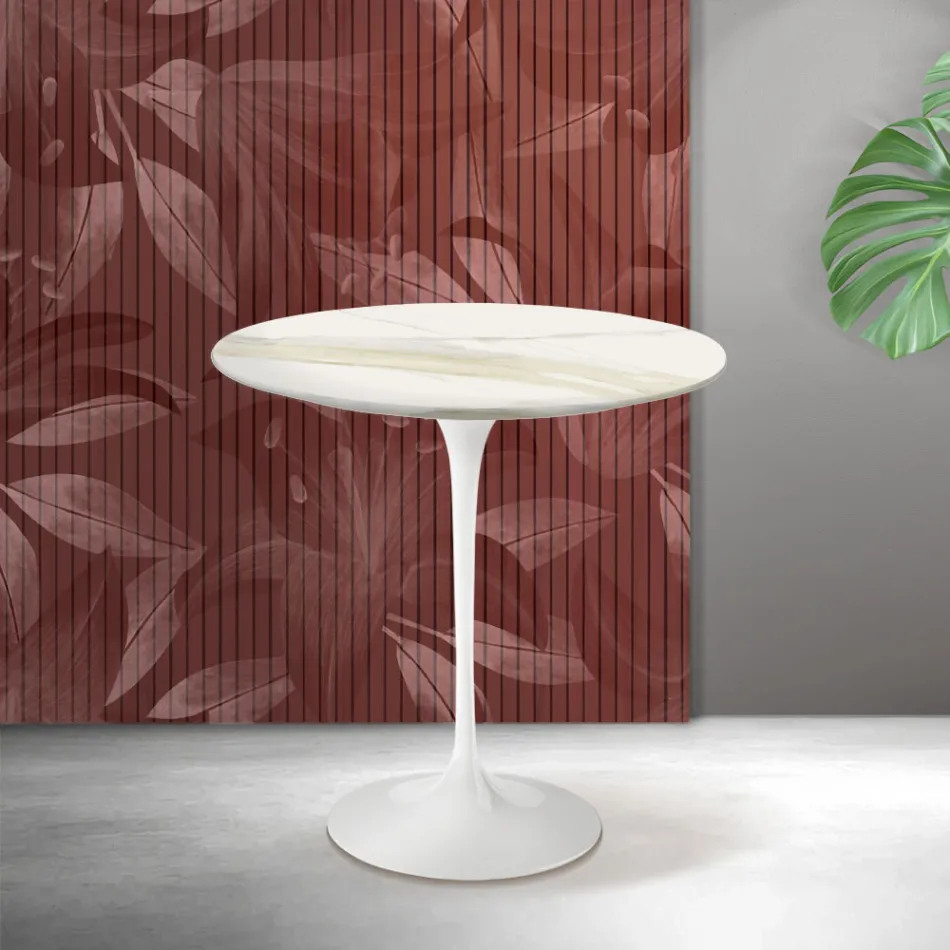 Mesa de centro Tulipán de Saarinen, 52 cm de altura, en cerámica mate Florim Calacatta Gold - Escarlata viadurini