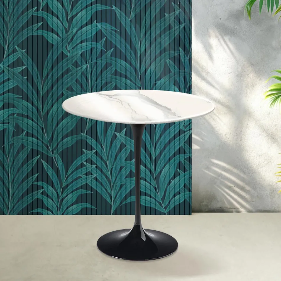 Mesa de centro Tulipán de Saarinen, 52 cm de altura, en cerámica Statuario Florim brillante - Escarlata viadurini