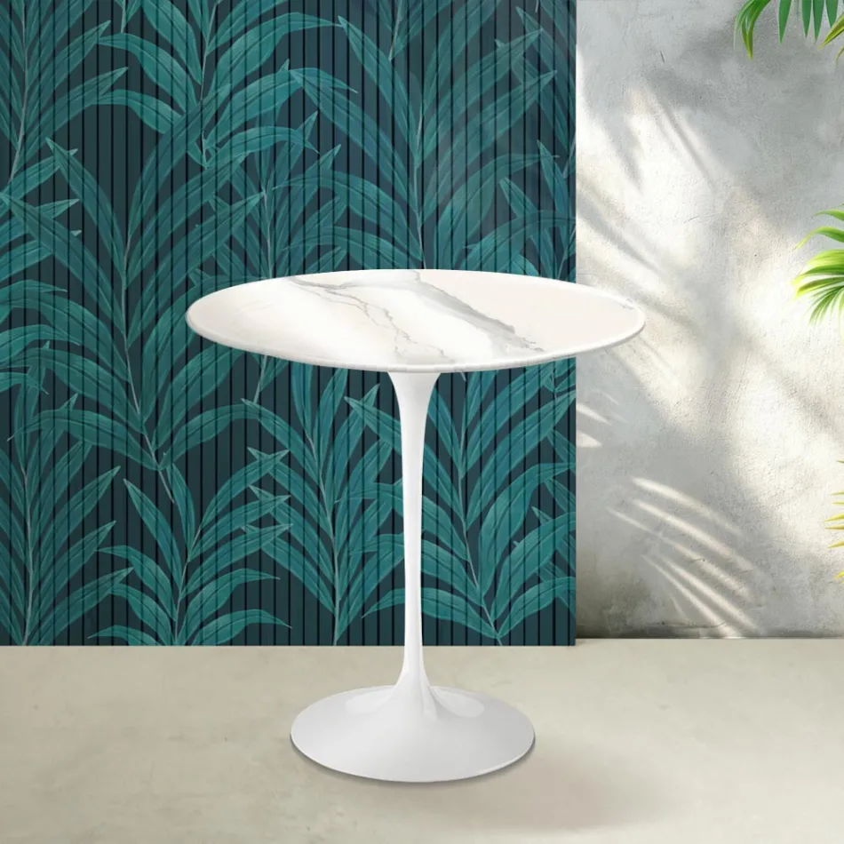 Mesa de centro Tulipán de Saarinen, 52 cm de altura, en cerámica Statuario Florim brillante - Escarlata viadurini