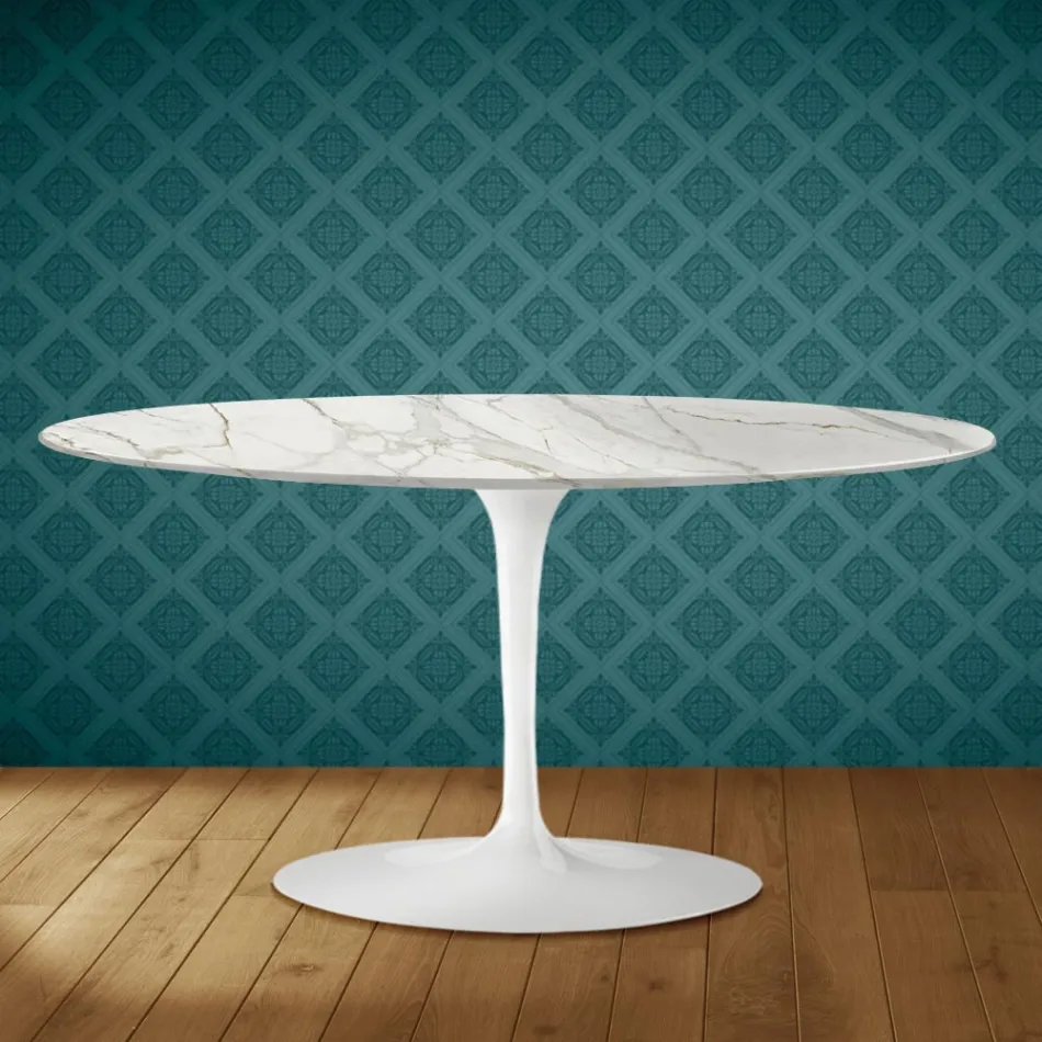 Mesa de centro Tulip de Saarinen, ovalada, 41 cm de alto, cerámica brillante, fabricada en Italia - Escarlata viadurini