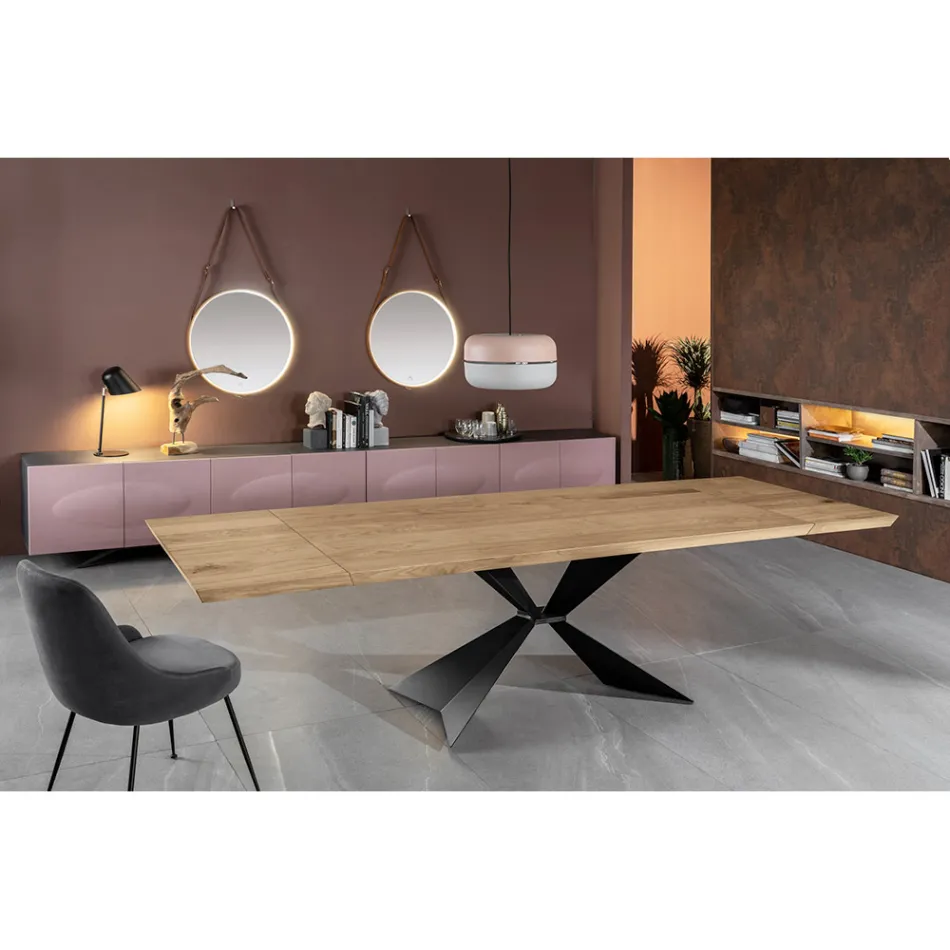 Mesa extensible hasta 300 cm con base de metal y tapa de roble - Marino viadurini