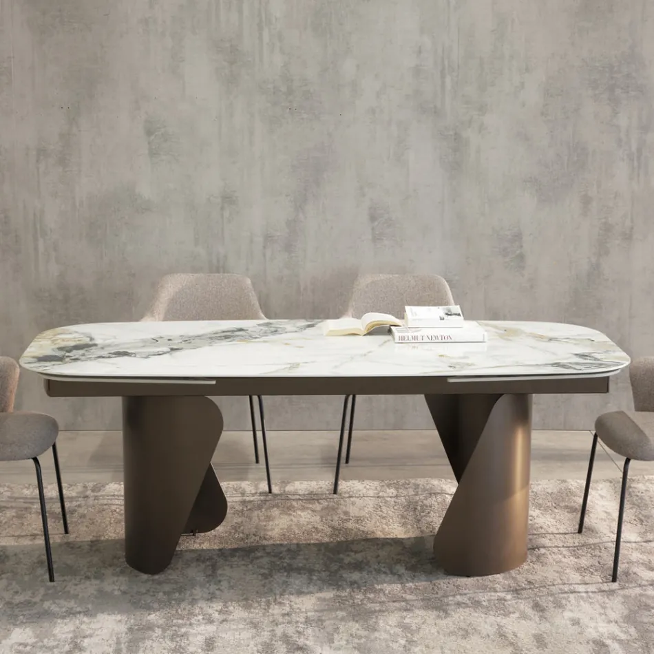 Mesa extensible de 300 cm en metal y tablero de piedra sinterizada - Taviria viadurini