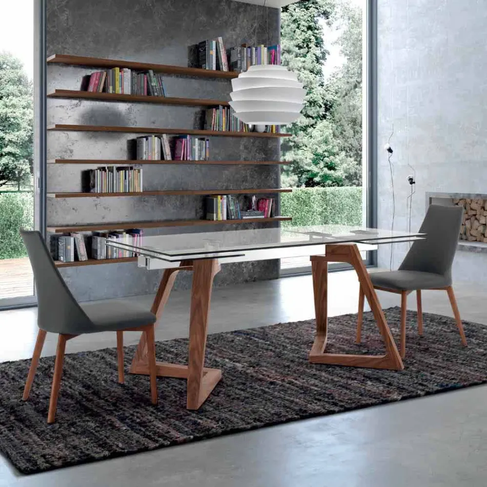 Mesa Extensible de Vidrio y Madera Chapada hasta 280 cm - Eugrafo viadurini