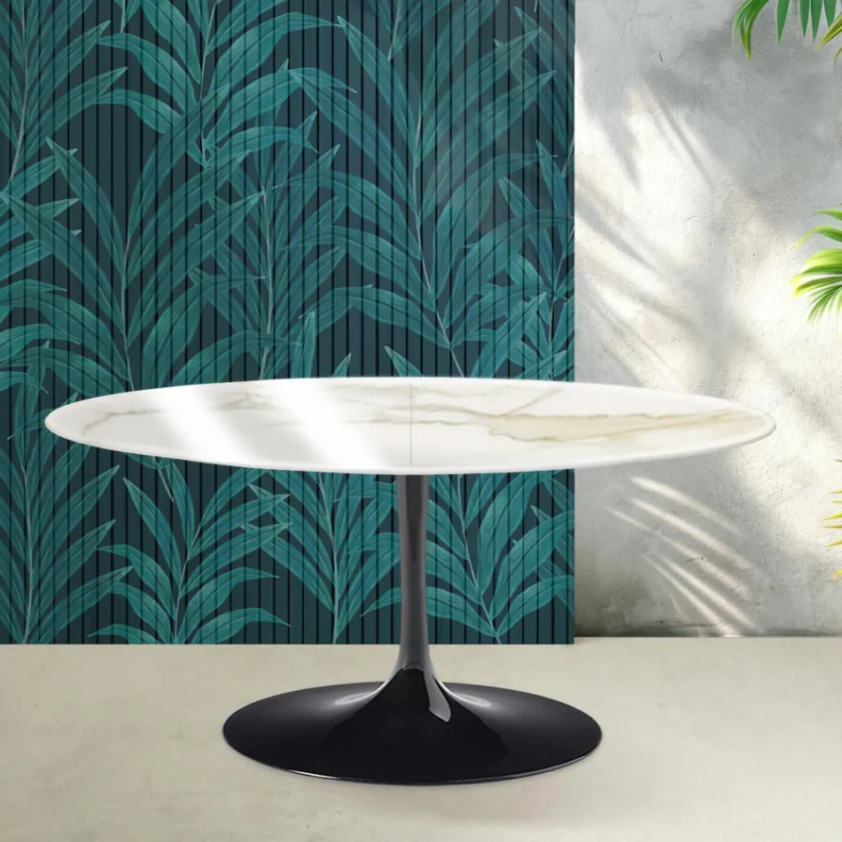 Mesa extensible Tulip de Saarinen, 74 cm de altura, en cerámica Florim Calacatta Gold Gloss - Scarlet viadurini