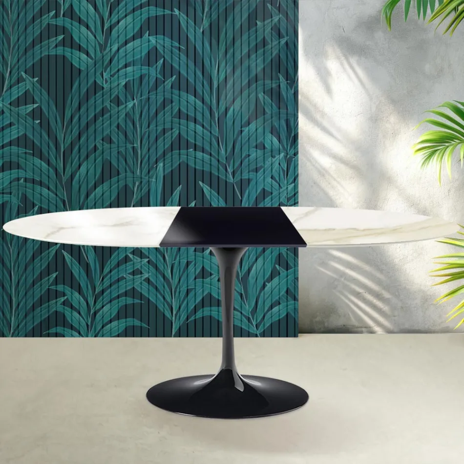 Mesa extensible Tulip de Saarinen, 74 cm de altura, en cerámica Florim Calacatta Gold Gloss - Scarlet viadurini