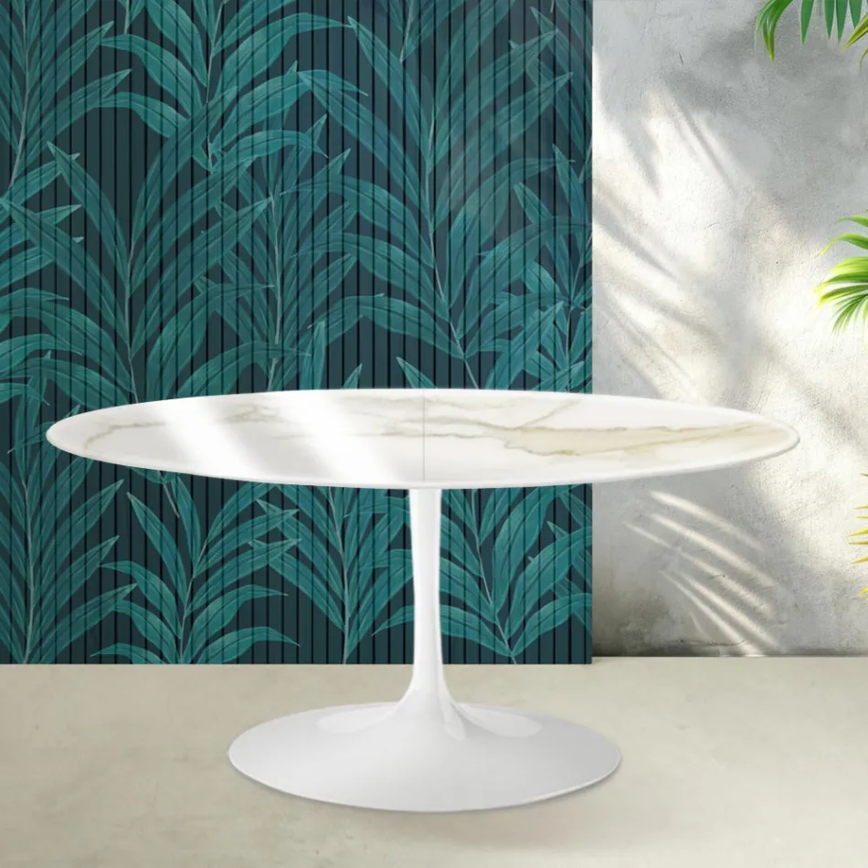 Mesa extensible Tulip de Saarinen, 74 cm de altura, en cerámica Florim Calacatta Gold Gloss - Scarlet viadurini