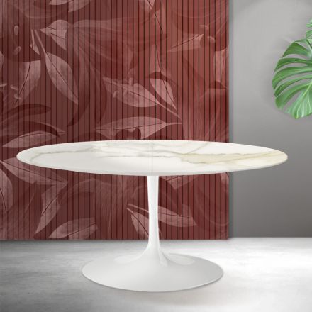 Mesa extensible Tulip de Saarinen, 74 cm de altura, en cerámica mate Florim Calacatta Gold - Escarlata viadurini
