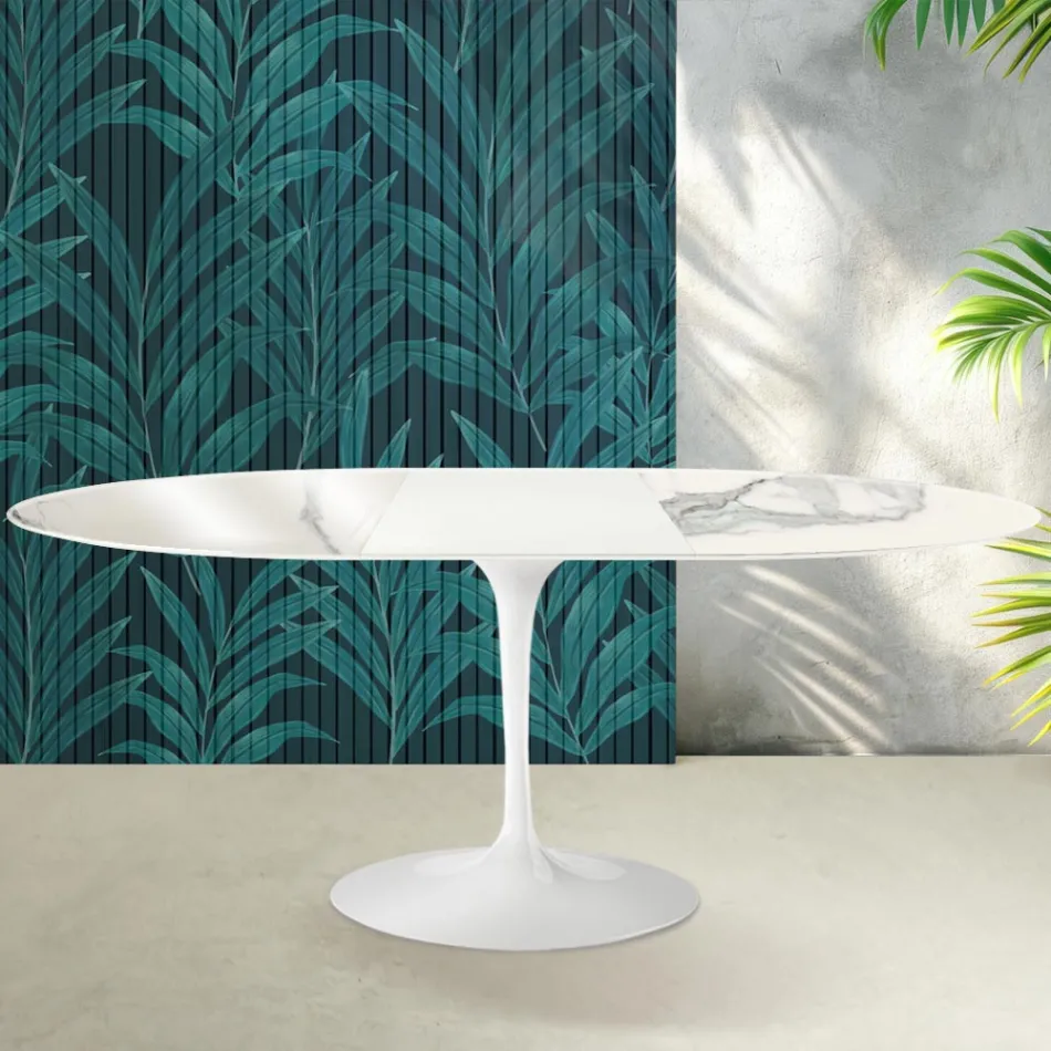 Mesa extensible Tulip de Saarinen, 74 cm de altura, en cerámica Statuario Florim brillante - Escarlata viadurini
