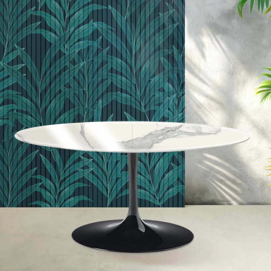 Mesa extensible Tulip de Saarinen, 74 cm de altura, en cerámica Statuario Florim brillante - Escarlata viadurini