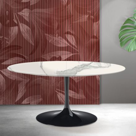 Mesa extensible Tulip de Saarinen, 74 cm de altura, en cerámica mate Florim Statuario - Escarlata viadurini