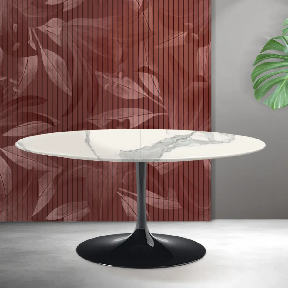 Mesa extensible Tulip de Saarinen, 74 cm de altura, en cerámica mate Florim Statuario - Escarlata viadurini