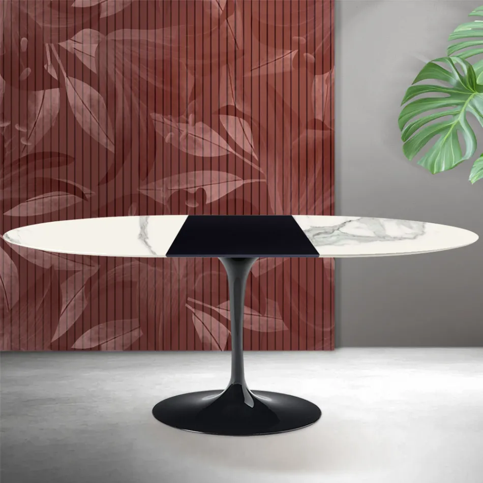 Mesa extensible Tulip de Saarinen, 74 cm de altura, en cerámica mate Florim Statuario - Escarlata viadurini