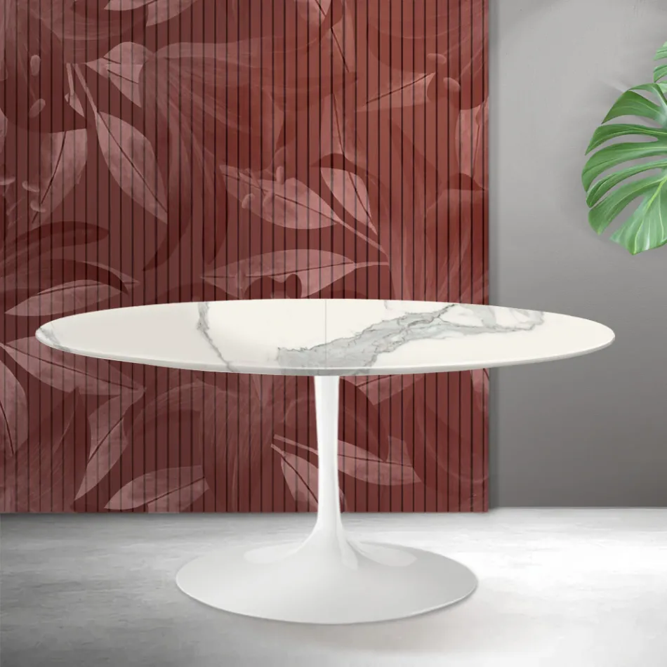 Mesa extensible Tulip de Saarinen, 74 cm de altura, en cerámica mate Florim Statuario - Escarlata viadurini