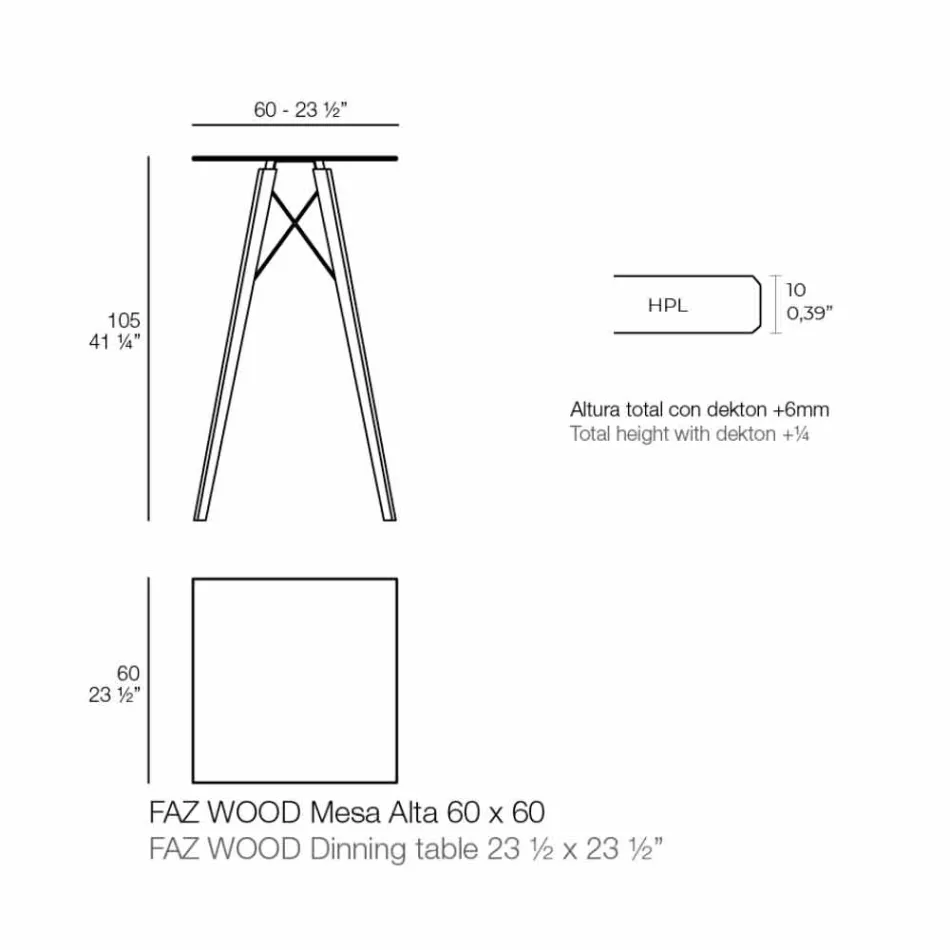 Mesa de bar alta cuadrada de diseño en madera y Hpl, 4 piezas - Faz Wood by Vondom viadurini