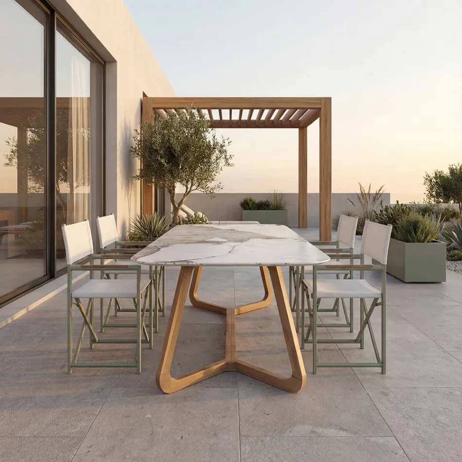 Mesa con tapa de cerámica y base de teca maciza Made in Italy - Blusa viadurini