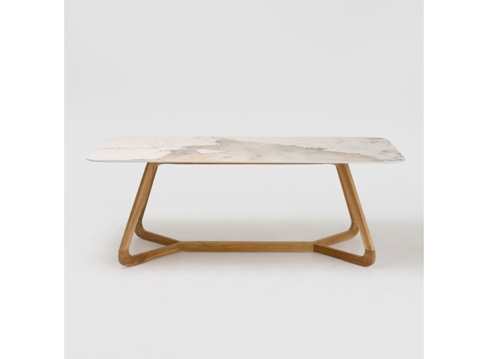 Mesa con tapa de cerámica y base de teca maciza Made in Italy - Blusa viadurini
