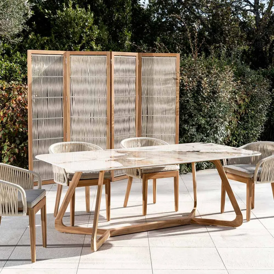 Mesa con tapa de cerámica y base de teca maciza Made in Italy - Blusa viadurini