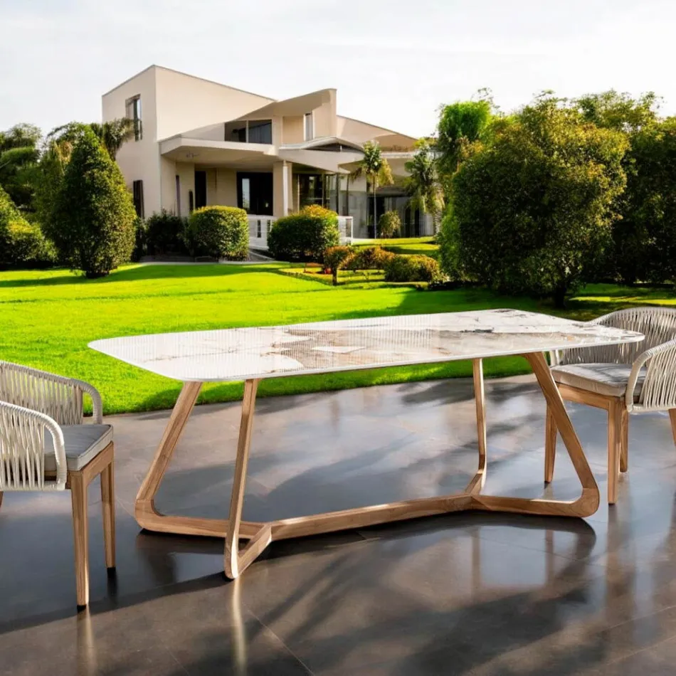 Mesa con tapa de cerámica y base de teca maciza Made in Italy - Blusa viadurini