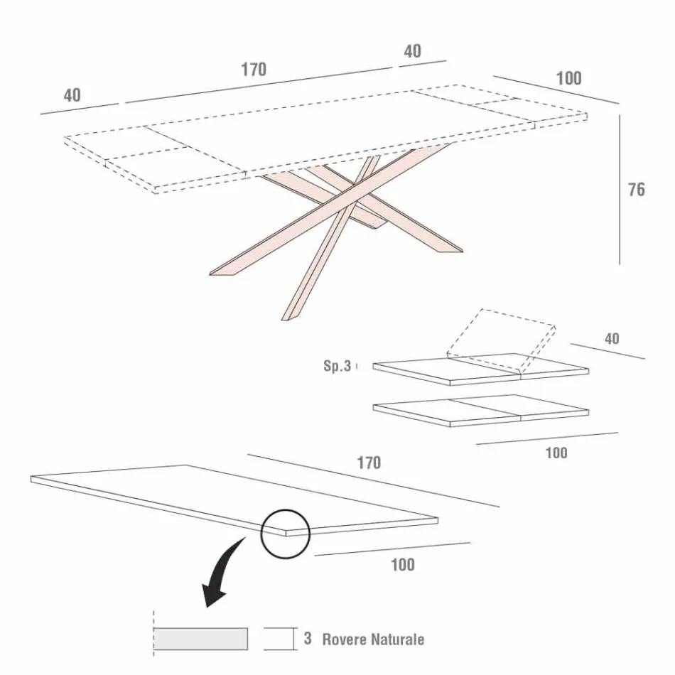 Mesa de cocina extensible hasta 280 cm en madera Made in Italy - Carlino viadurini