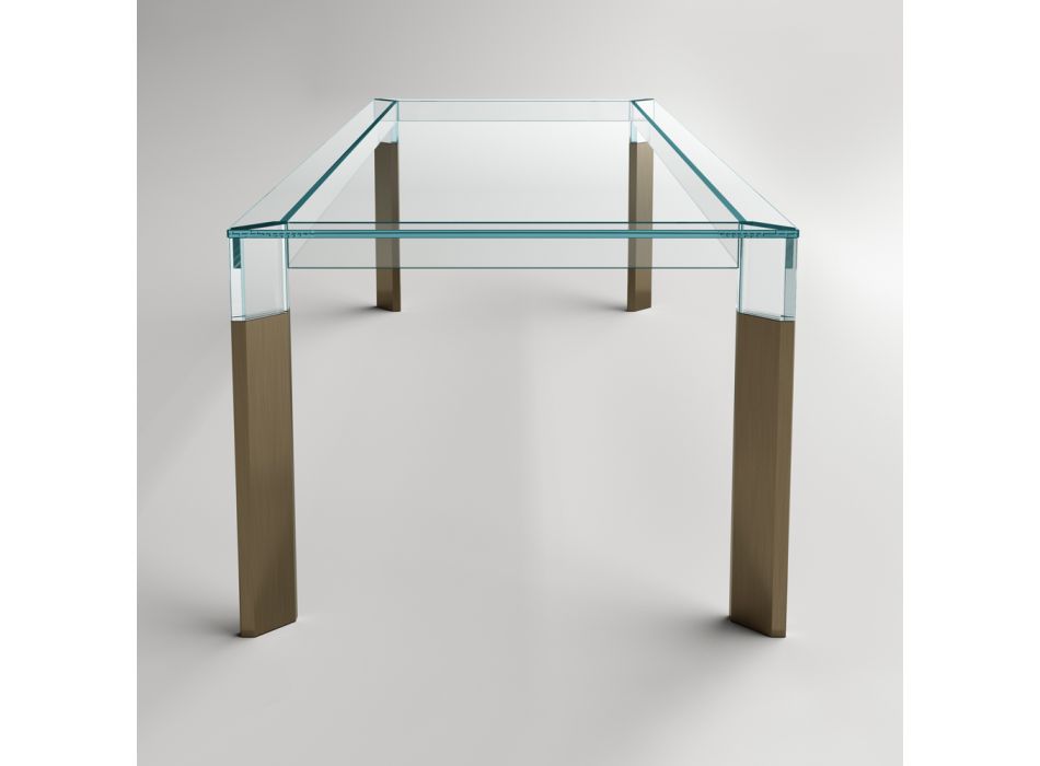Mesa de cocina de vidrio extraclaro con patas de madera Made in Italy - Super viadurini