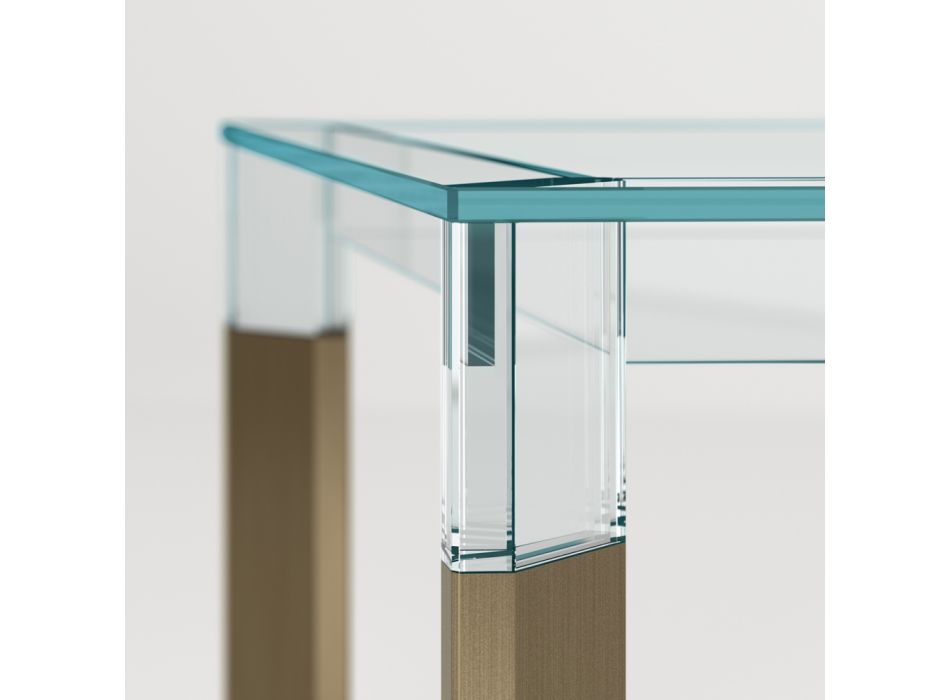 Mesa de cocina de vidrio extraclaro con patas de madera Made in Italy - Super viadurini