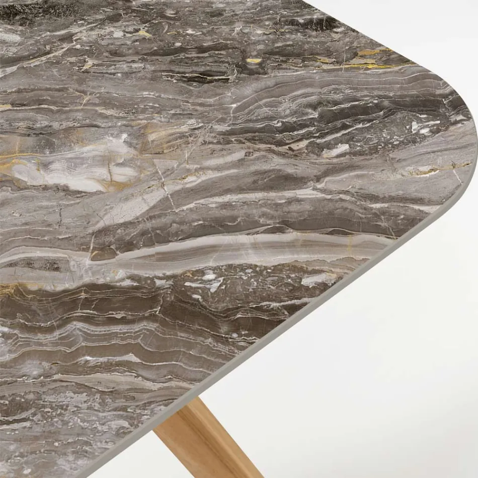 Mesa de exterior con base de madera y tapa de cerámica Orobico Luxe - Infinity viadurini