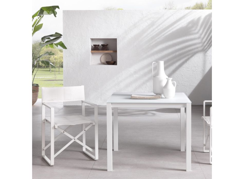 Mesa de jardín con estructura de aluminio pintado y tapa de cristal - Salim viadurini