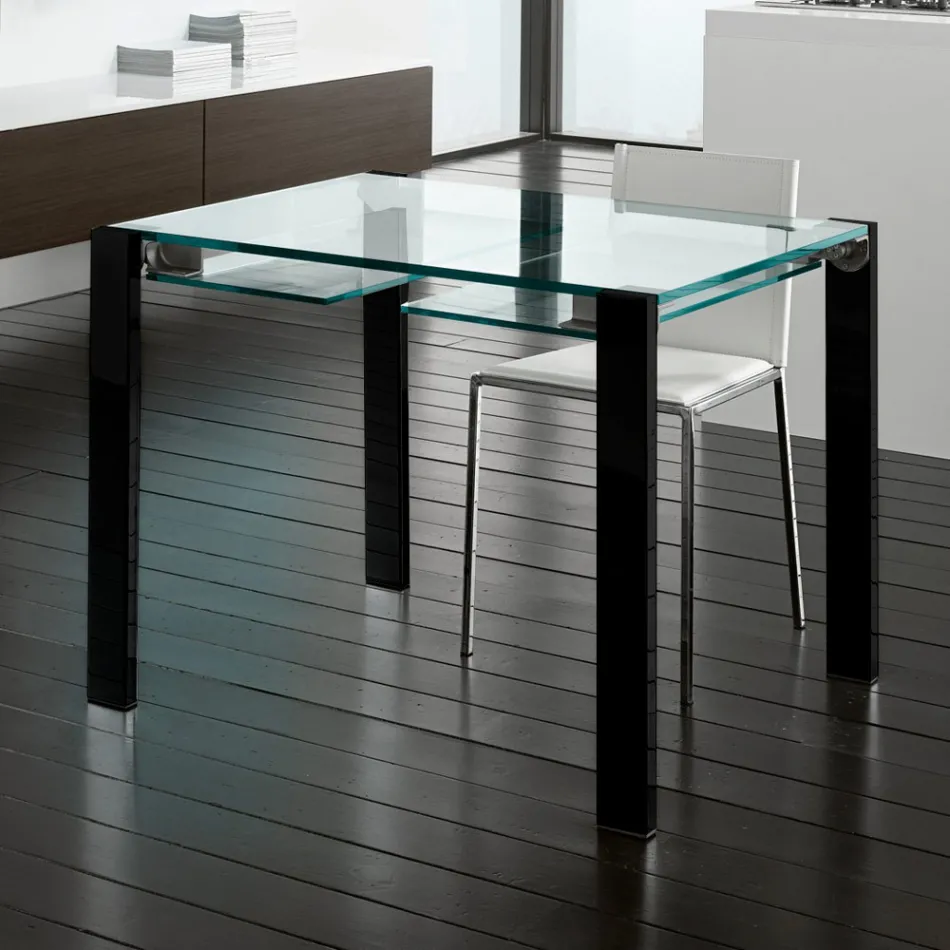Mesa de comedor extensible de cristal extraclaro y metal, fabricada en Italia – Sopot  viadurini