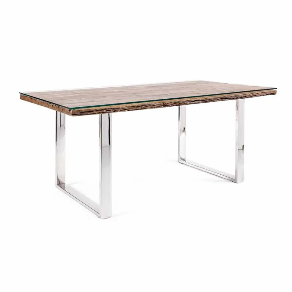 Mesa de comedor Homemotion con tapa de madera y vidrio templado - Blanco viadurini