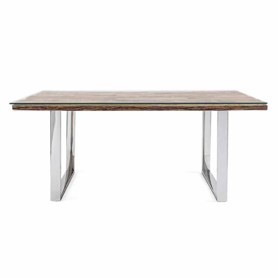 Mesa de comedor Homemotion con tapa de madera y vidrio templado - Blanco viadurini