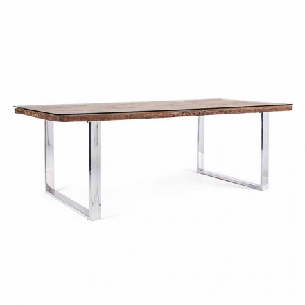 Mesa de comedor Homemotion con tapa de madera y vidrio templado - Blanco viadurini