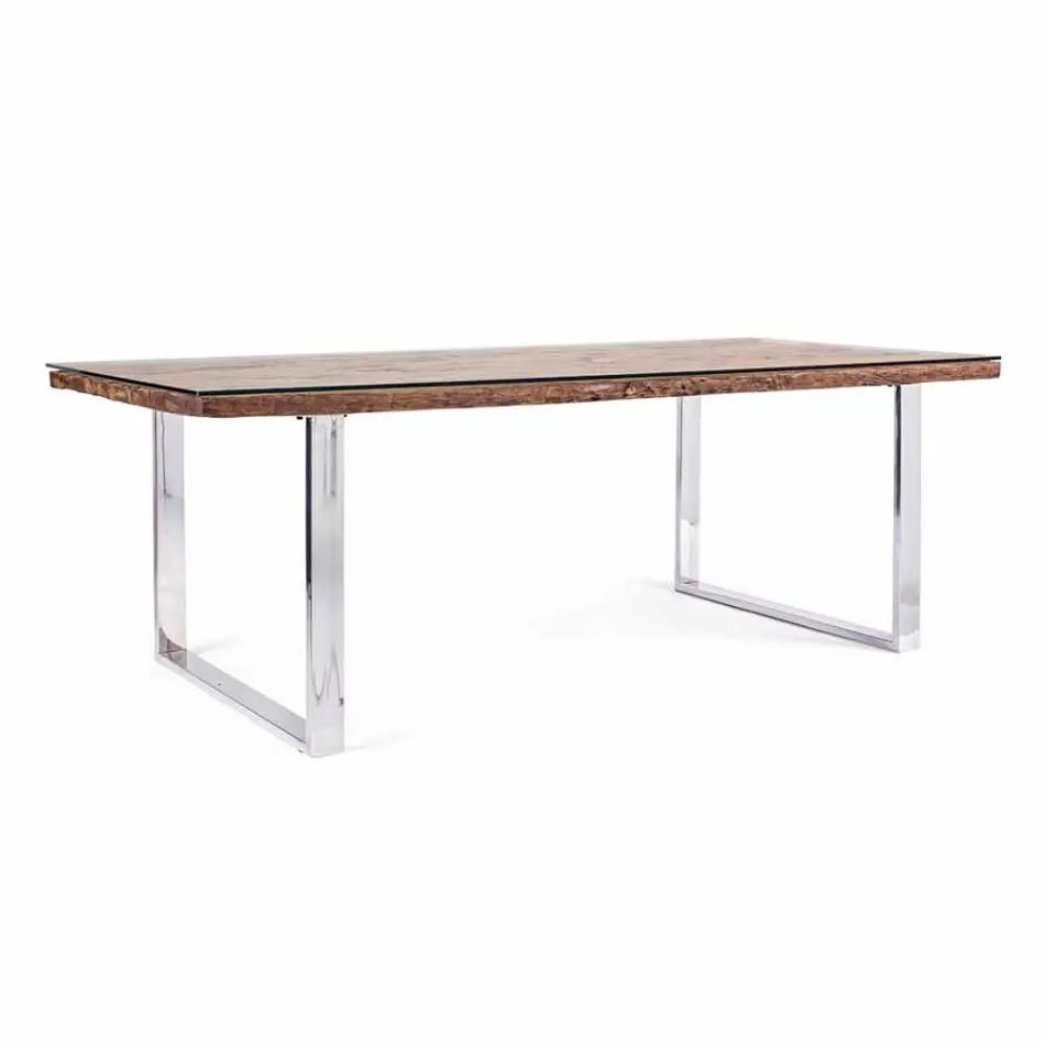 Mesa de comedor Homemotion con tapa de madera y vidrio templado - Blanco viadurini