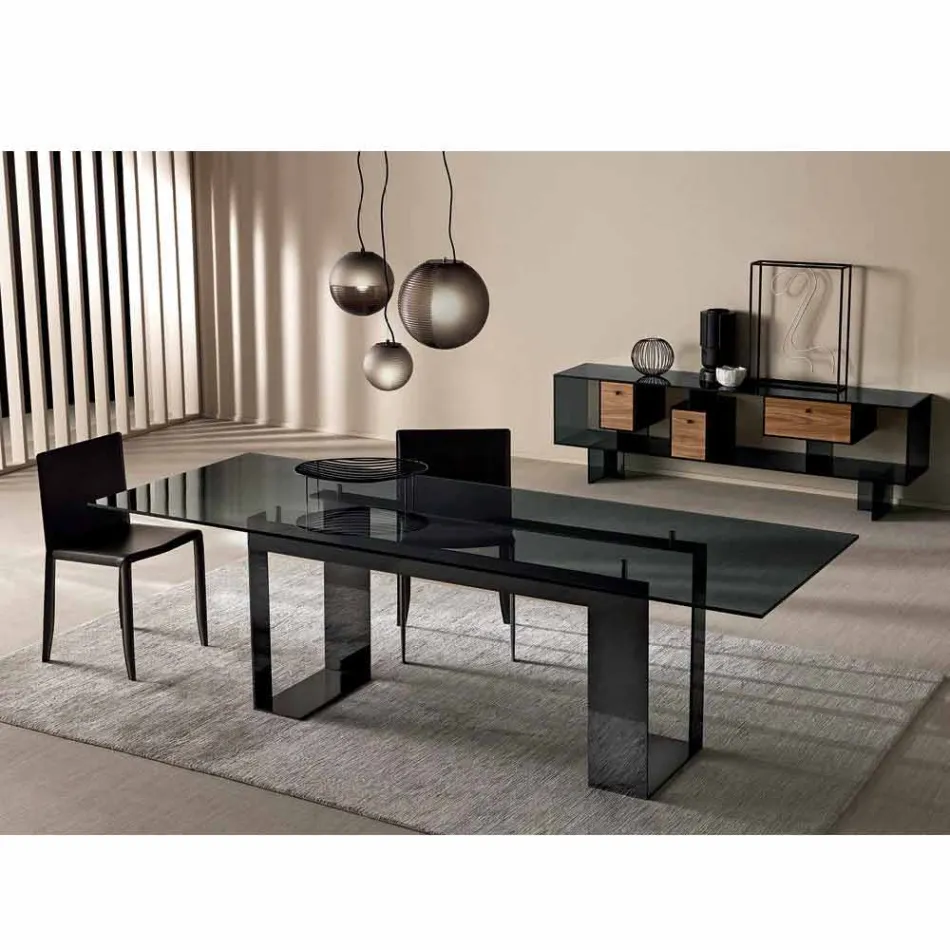 Mesa de Comedor con Tapa de Cristal Ahumado y Base de Metal 4 Dimensiones - Speck viadurini