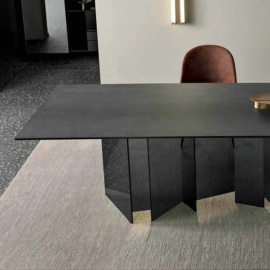 Mesa de comedor de diseño en base de cerámica y vidrio ahumado Made in Italy - Random viadurini