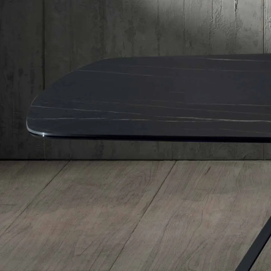 Mesa de comedor de diseño en cerámica efecto Portoro y metal mate - Falcon viadurini