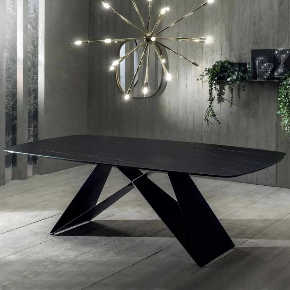 Mesa de comedor de diseño en cerámica efecto Portoro y metal mate - Falcon viadurini