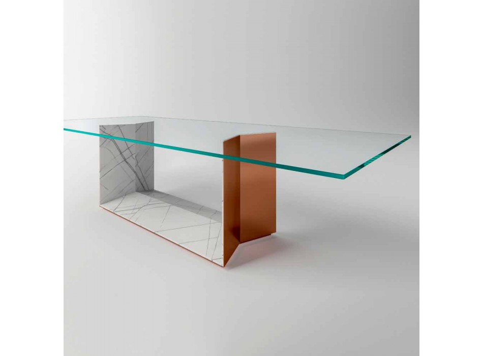 Mesa de comedor de diseño en vidrio con base de metal Made in Italy - Minera viadurini