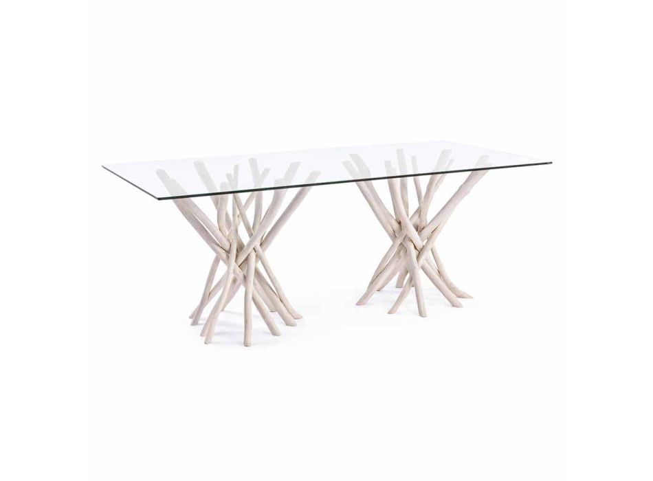 Mesa de comedor de diseño en vidrio y teca blanqueada Homemotion - Francia viadurini