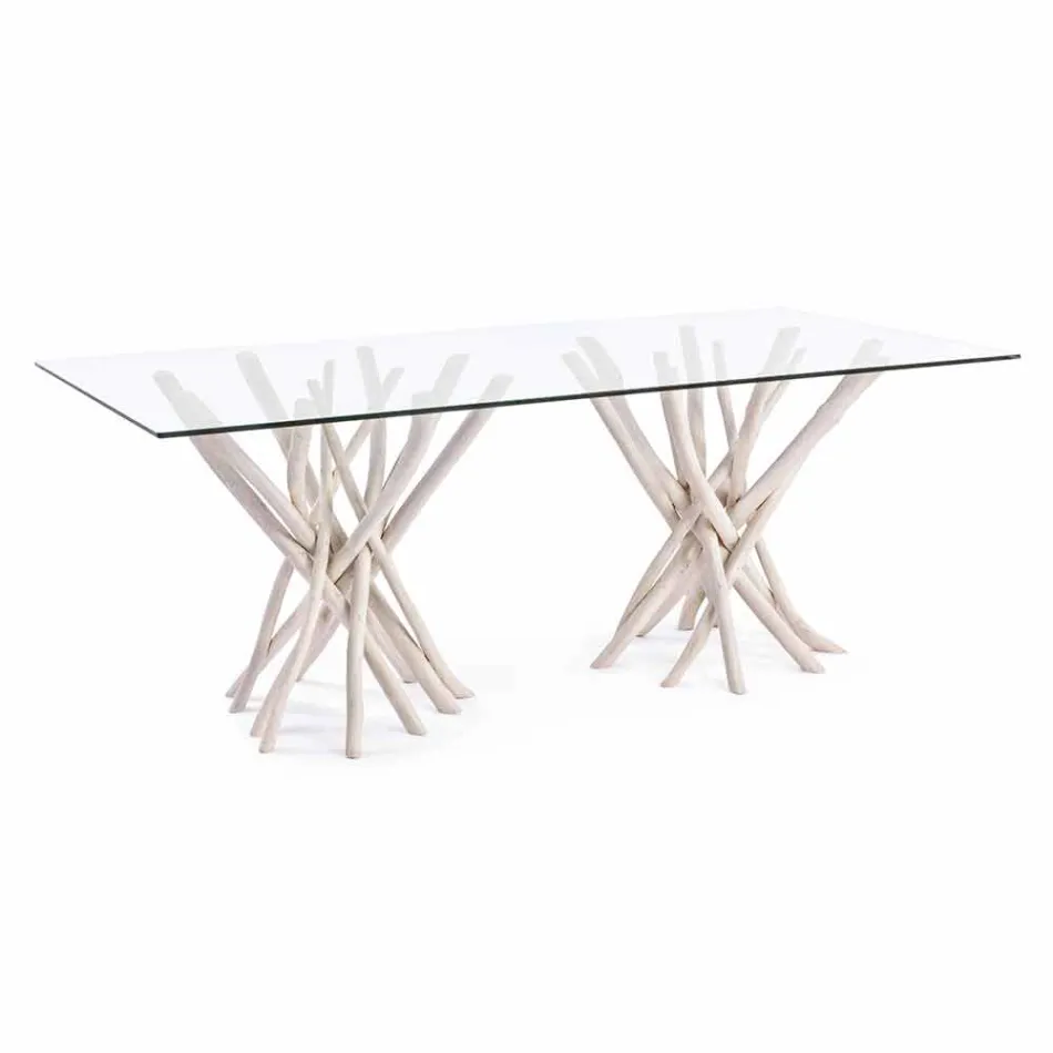 Mesa de comedor de diseño en vidrio y teca blanqueada Homemotion - Francia viadurini