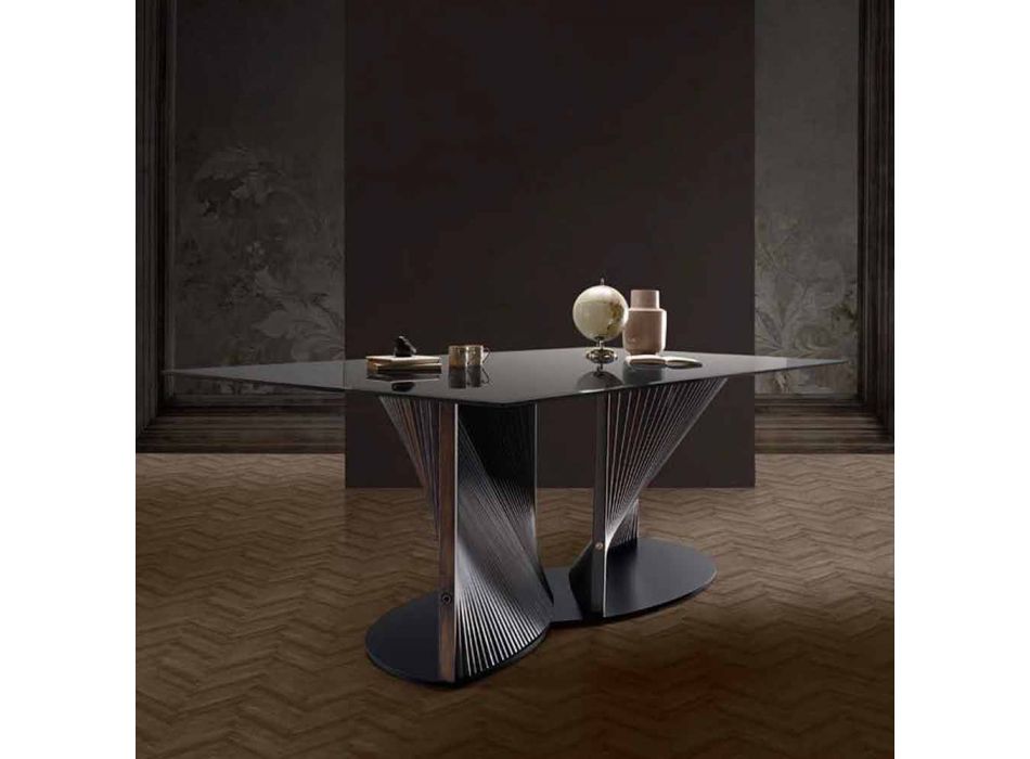 Mesa de comedor de diseño en vidrio ahumado y fresno aceitado Made in Italy - Croma viadurini