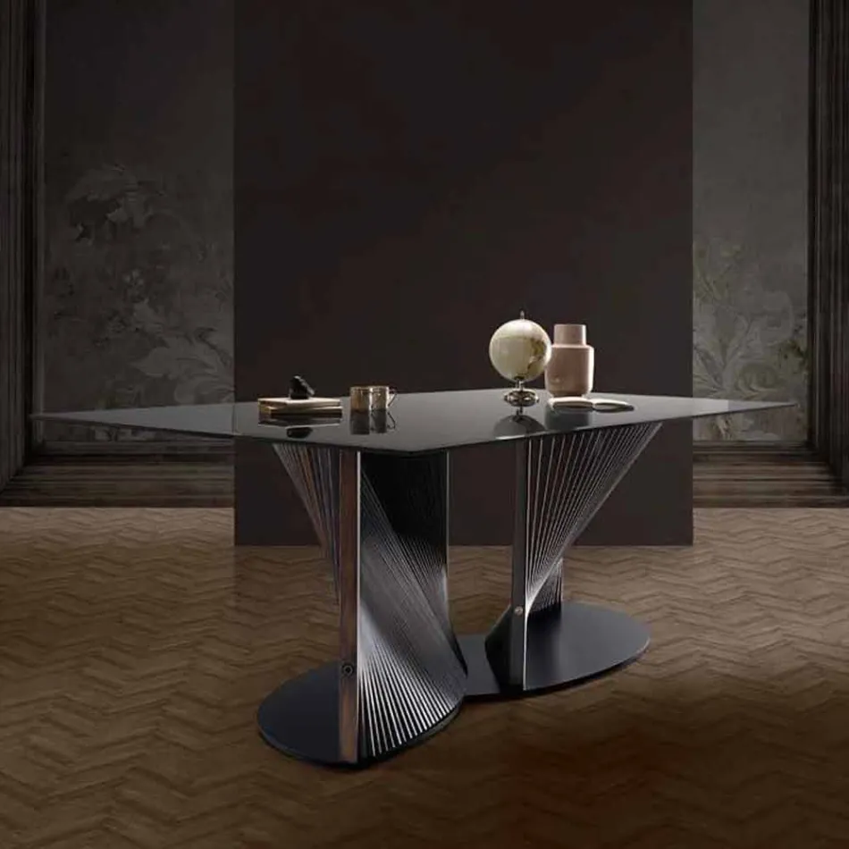 Mesa de comedor de diseño en vidrio ahumado y fresno aceitado Made in Italy - Croma viadurini