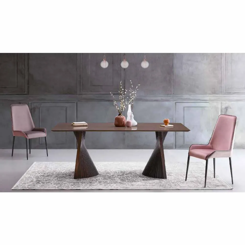 Mesa de comedor de diseño moderno en gres y fresno Made in Italy - Charol viadurini
