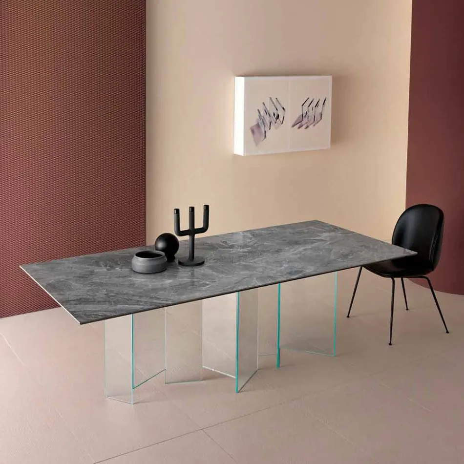 Mesa de comedor de cerámica y base de vidrio extraligero Made in Italy - Aleatorio viadurini