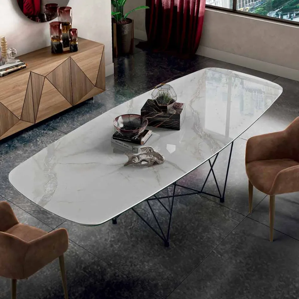 Mesa de comedor en hipermármol y acero Made in Italy, alta calidad - Ezzellino viadurini