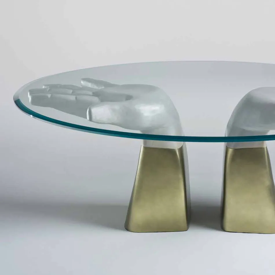 Mesa de comedor de madera con tapa de cristal, hecha en Italia, Bartolo viadurini